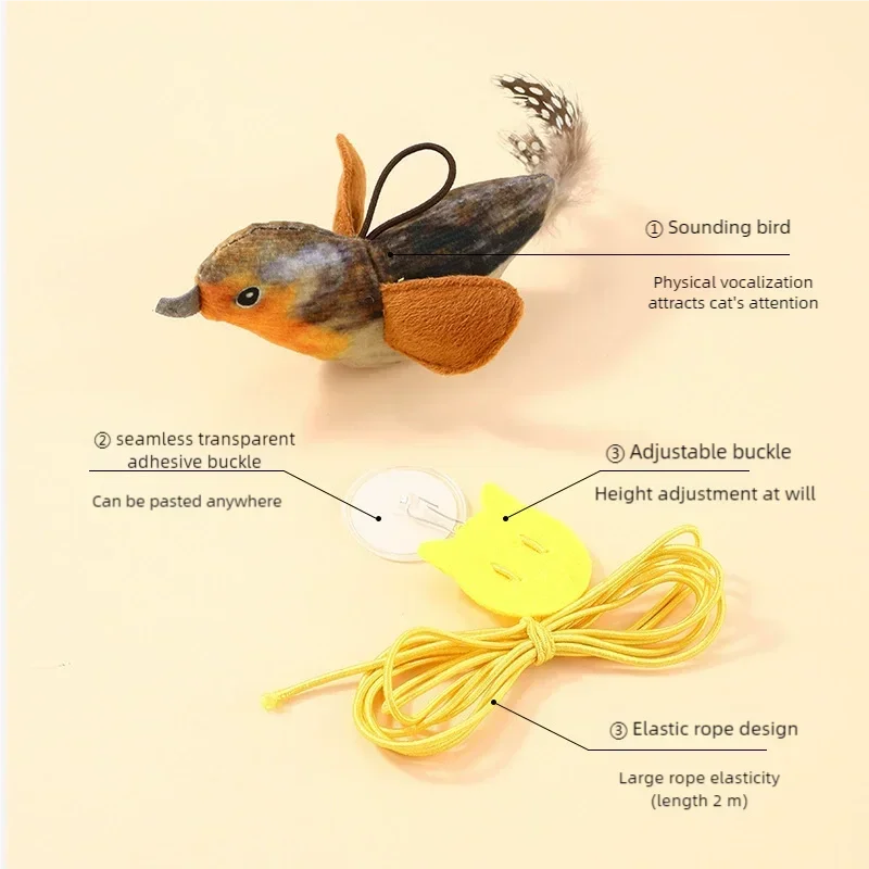 Chirping Bird Simulation Cat Toy Self-Entertaining Bite-Resistant Hanging Feather Cat Dancer for Feline Pet Plush Toys