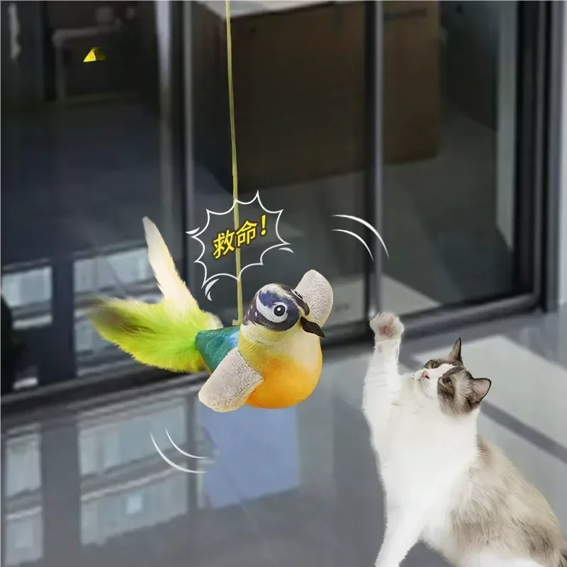 Chirping Bird Simulation Cat Toy Self-Entertaining Bite-Resistant Hanging Feather Cat Dancer for Feline Pet Plush Toys