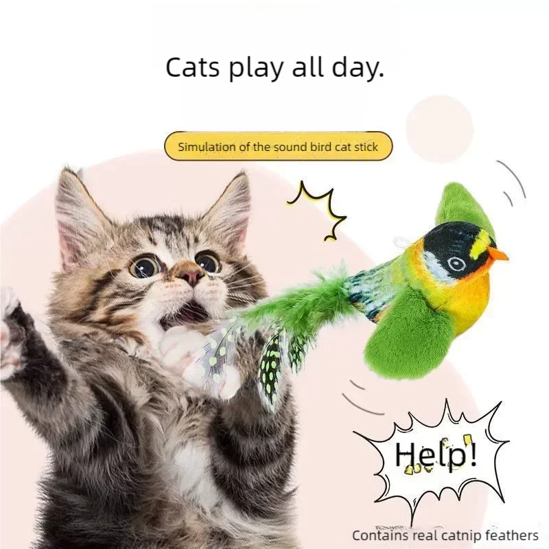 Chirping Bird Simulation Cat Toy Self-Entertaining Bite-Resistant Hanging Feather Cat Dancer for Feline Pet Plush Toys