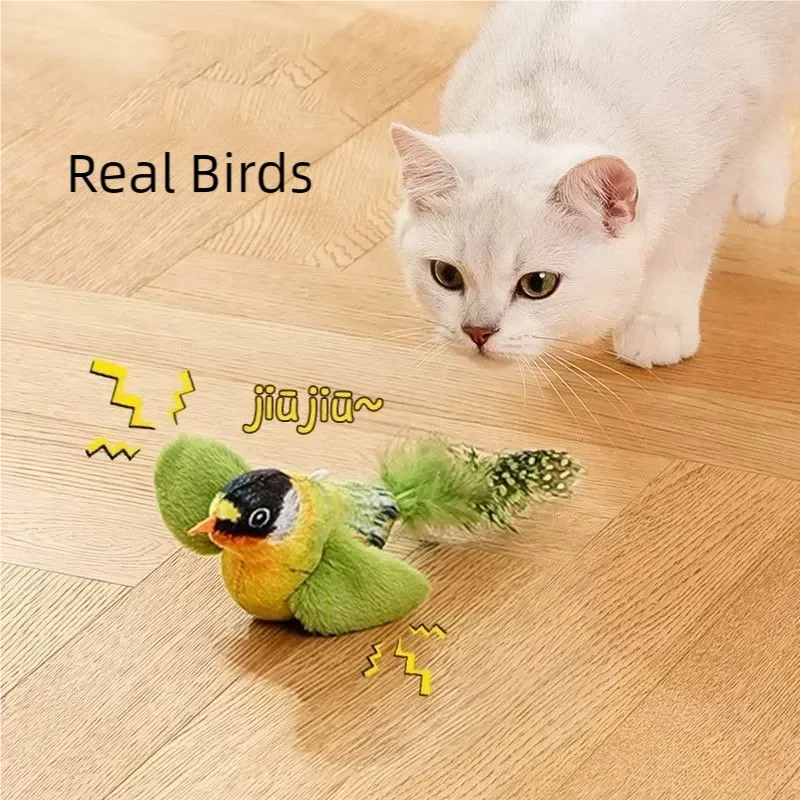 Chirping Bird Simulation Cat Toy Self-Entertaining Bite-Resistant Hanging Feather Cat Dancer for Feline Pet Plush Toys